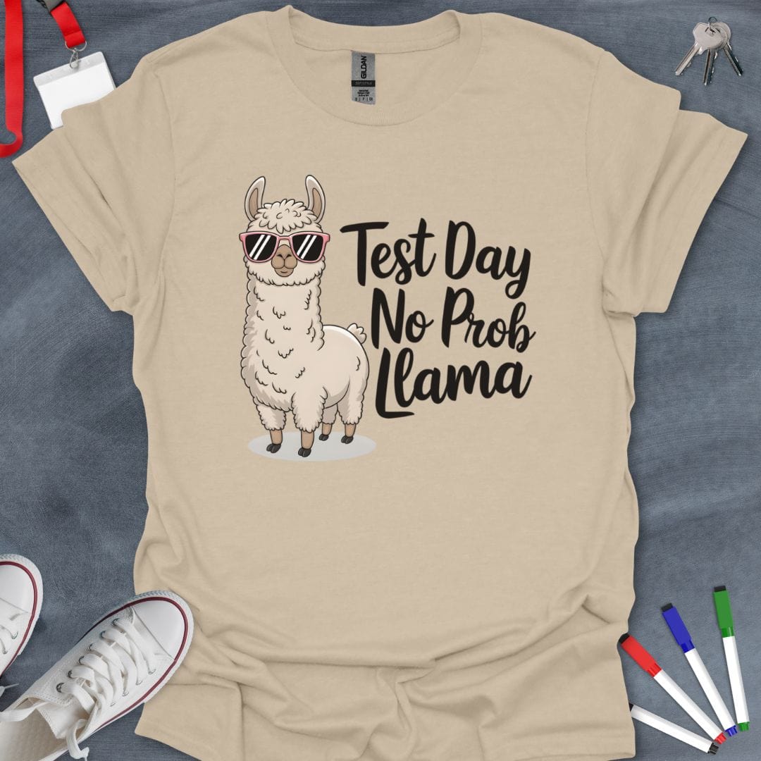 Teacher T-Shirt Sand / S Test Day No Prob Llama T-Shirt