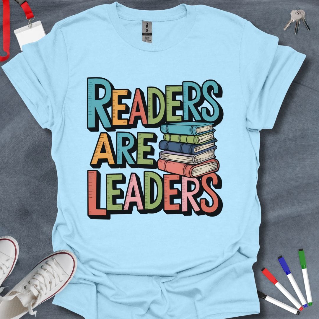 Teacher T-Shirt Light Blue / S Readers Are Leaders Colorful Book Stack T-Shirt