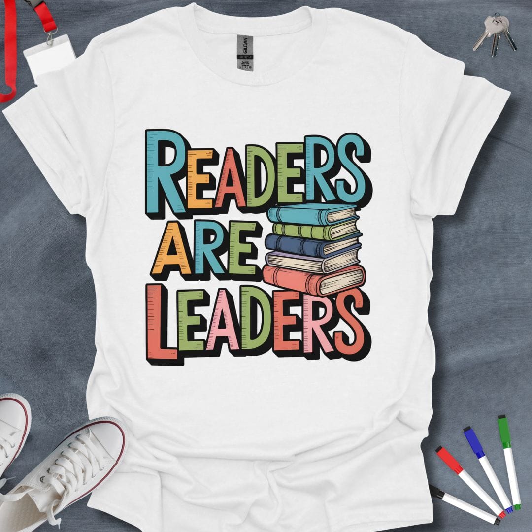 Teacher T-Shirt White / S Readers Are Leaders Colorful Book Stack T-Shirt