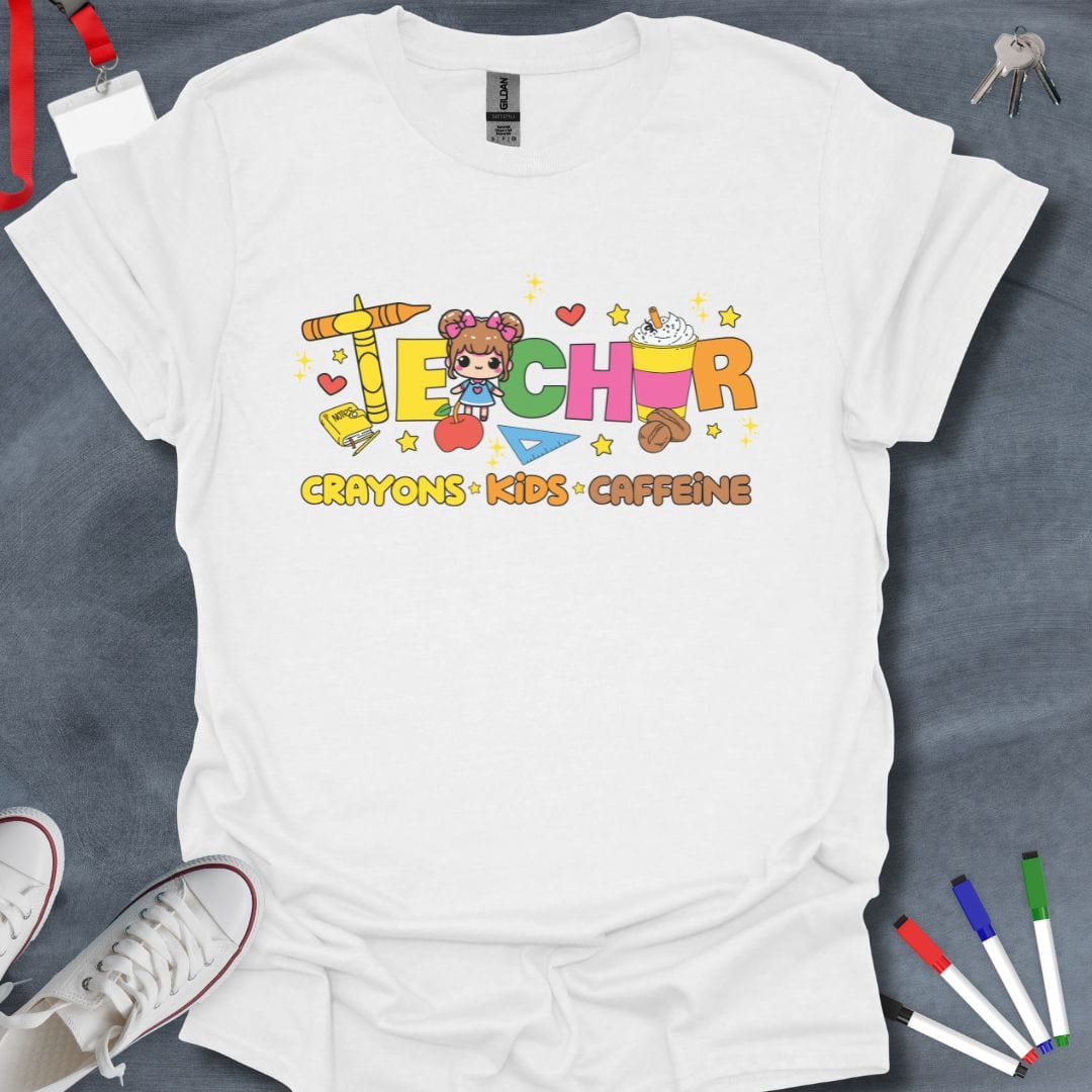 Teacher T-Shirt White / S Teacher Crayons Kids Caffeine T-Shirt