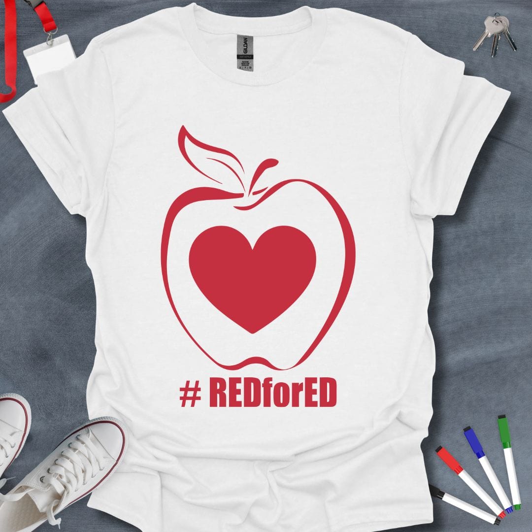 Teacher T-Shirt White / S RED for ED Apple Heart T-Shirt