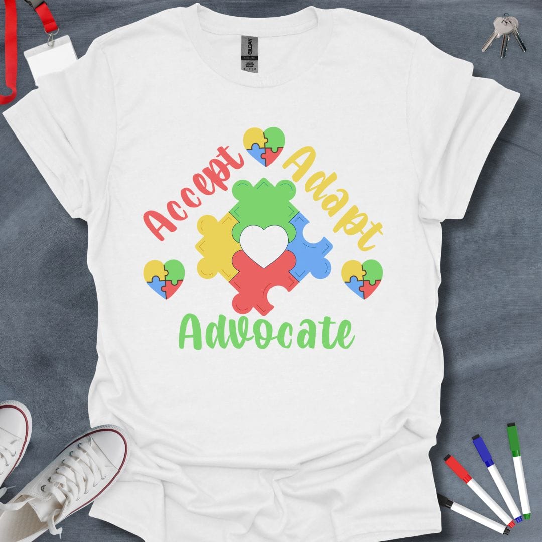 Teacher T-Shirt White / S Accept Adapt Advocate Puzzle Heart T-Shirt