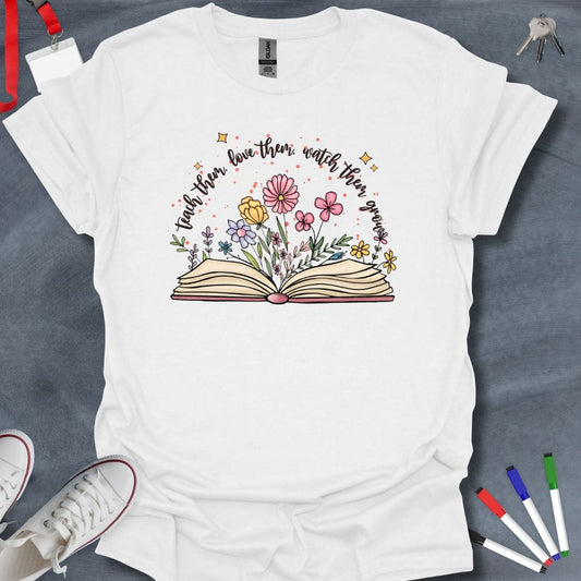 Teacher T-Shirt White / S Teach, Love, Grow Floral Book T-Shirt