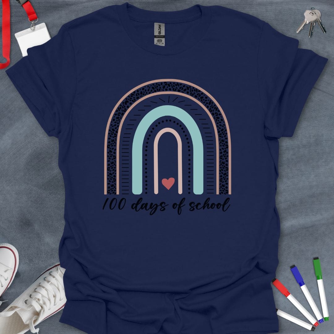 Teacher T-Shirt Navy / S Pastel Rainbow 100 Days of School T-Shirt