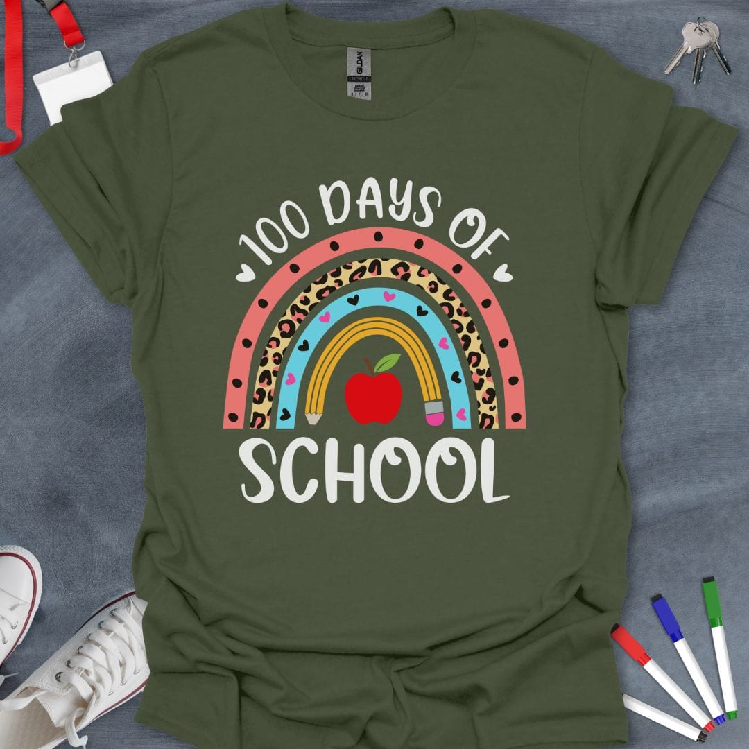 Teacher T-Shirt Military Green / S 100 Days of School Rainbow Celebration T-Shirt