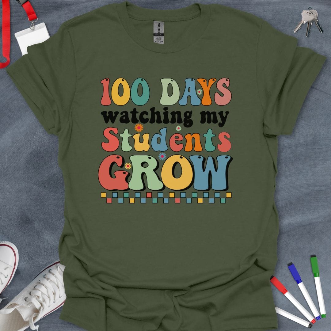 Teacher T-Shirt Military Green / S Growing Minds 100 Days T-Shirt