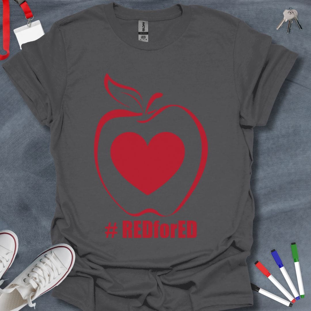 Teacher T-Shirt Charcoal / S RED for ED Apple Heart T-Shirt