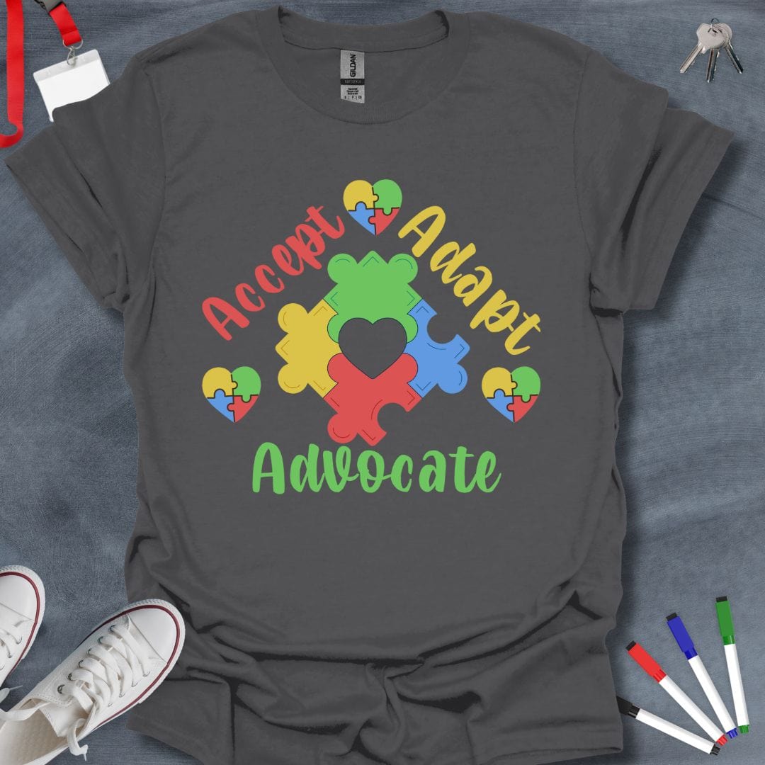 Teacher T-Shirt Charcoal / S Accept Adapt Advocate Puzzle Heart T-Shirt