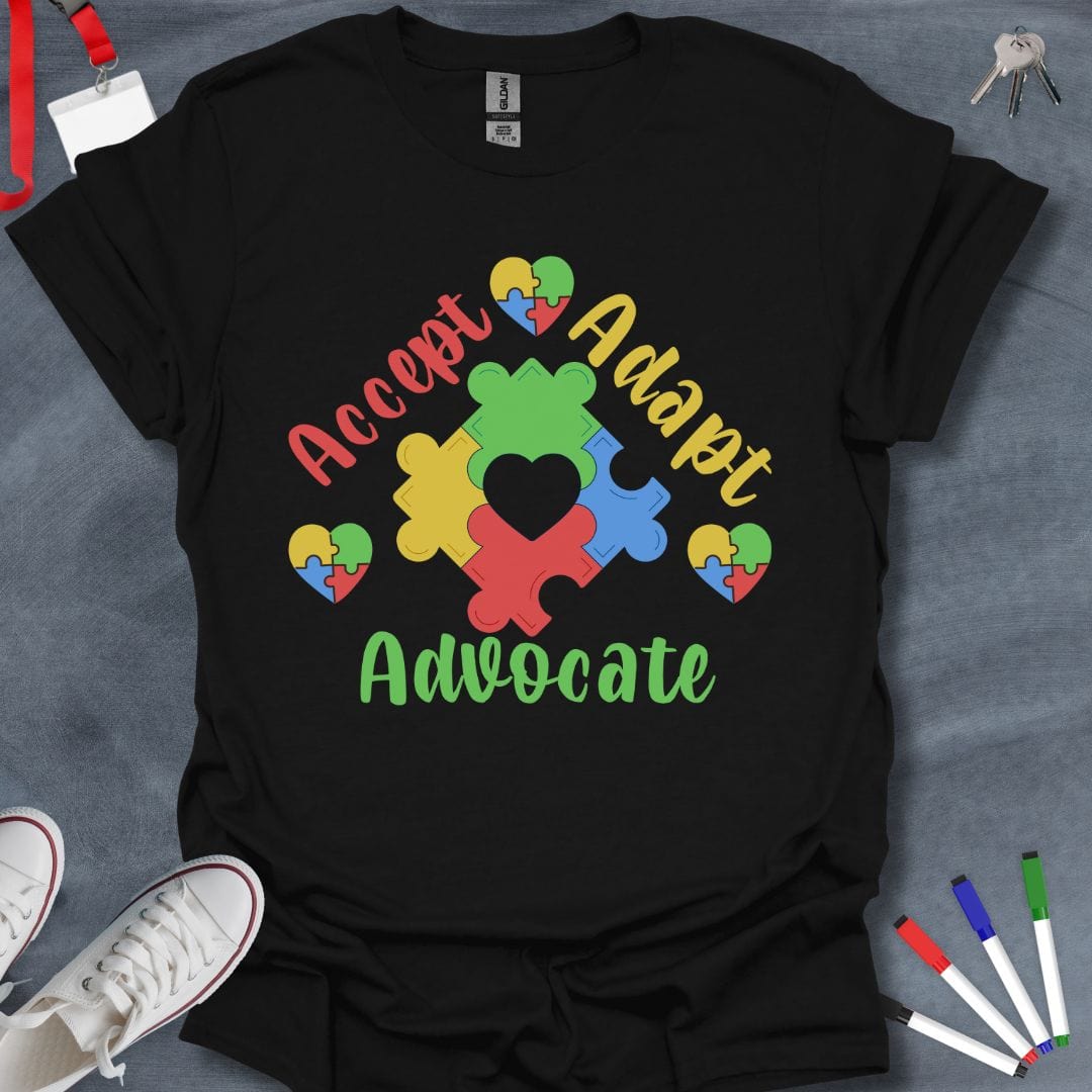 Teacher T-Shirt Black / S Accept Adapt Advocate Puzzle Heart T-Shirt