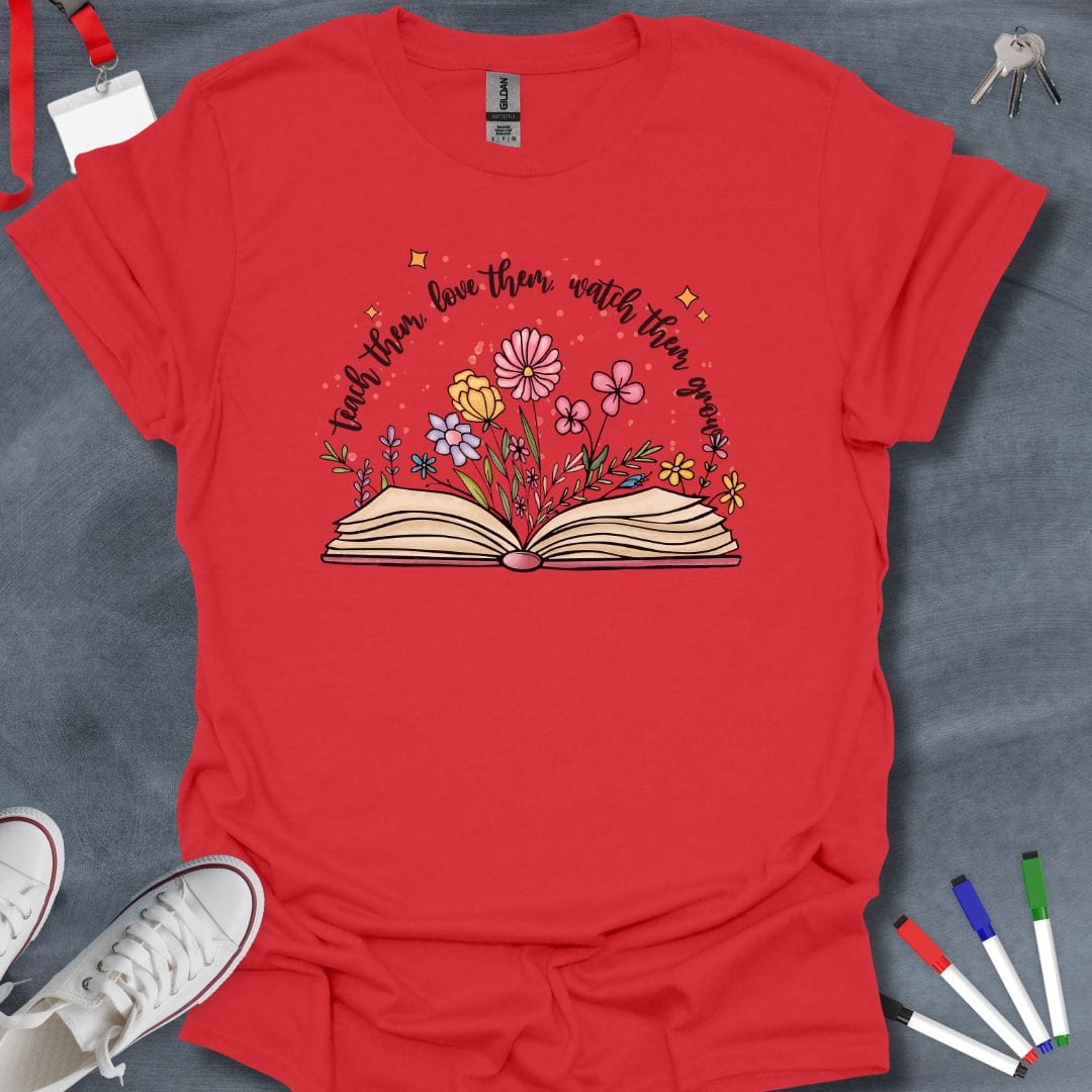 Teacher T-Shirt Red / S Teach, Love, Grow Floral Book T-Shirt