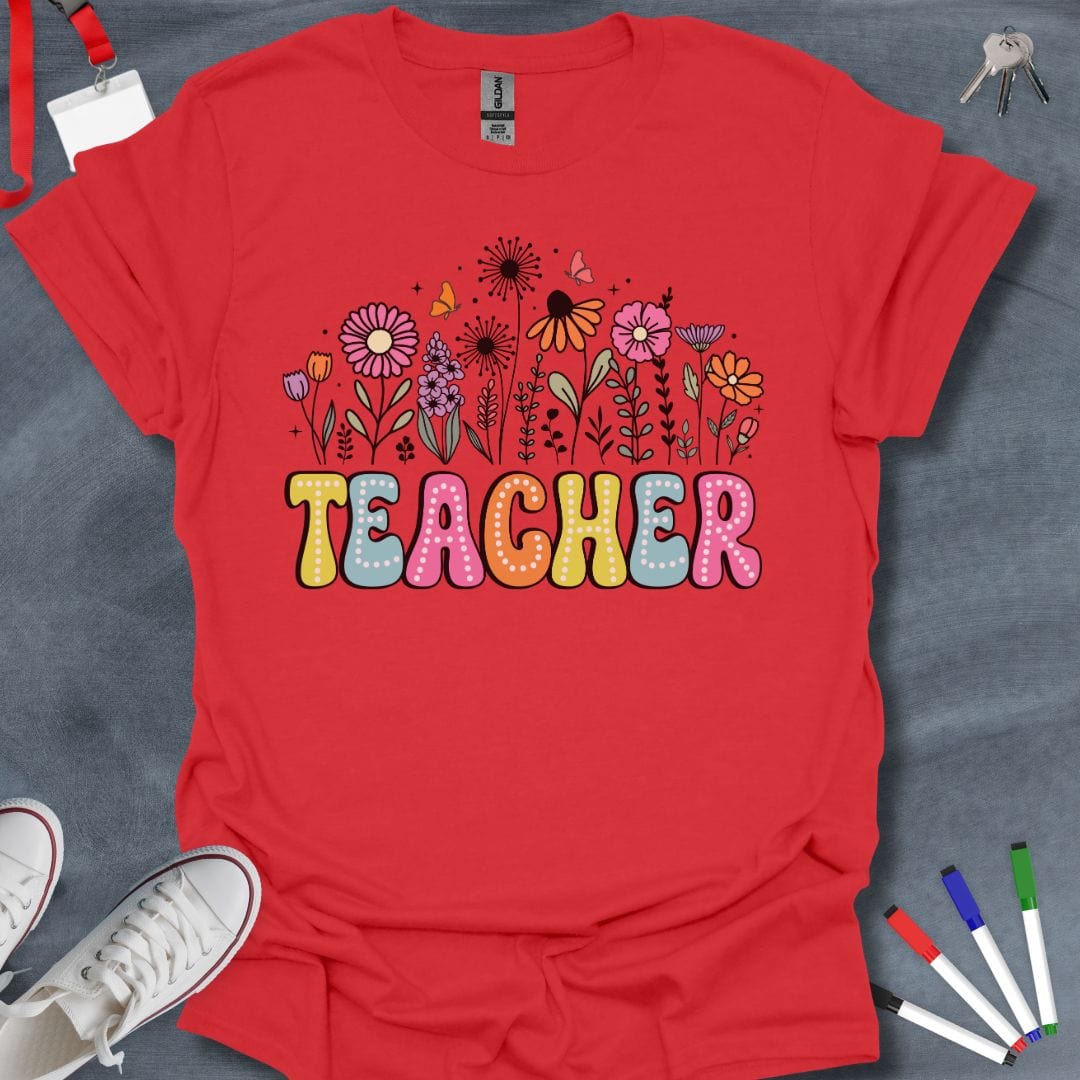 Teacher T-Shirt Red / S Teacher Floral Dots Retro T-Shirt