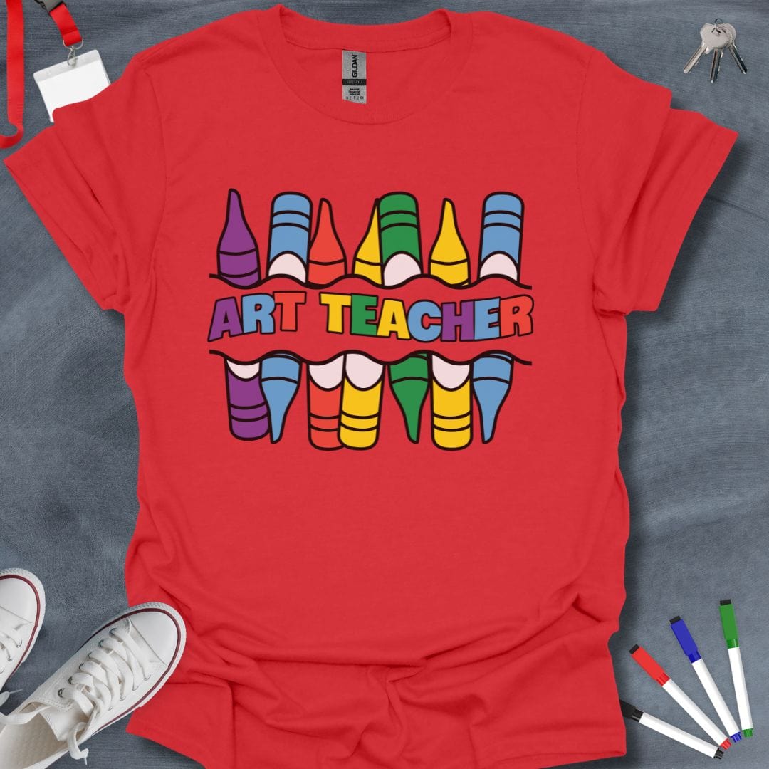 Teacher T-Shirt Red / S Colorful Crayon Art Teacher T-Shirt