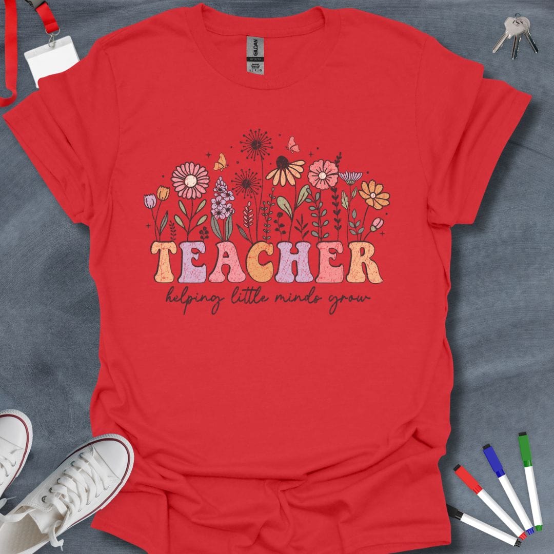 Teacher T-Shirt Red / S Teacher Helping Little Minds Grow Retro Floral T-Shirt