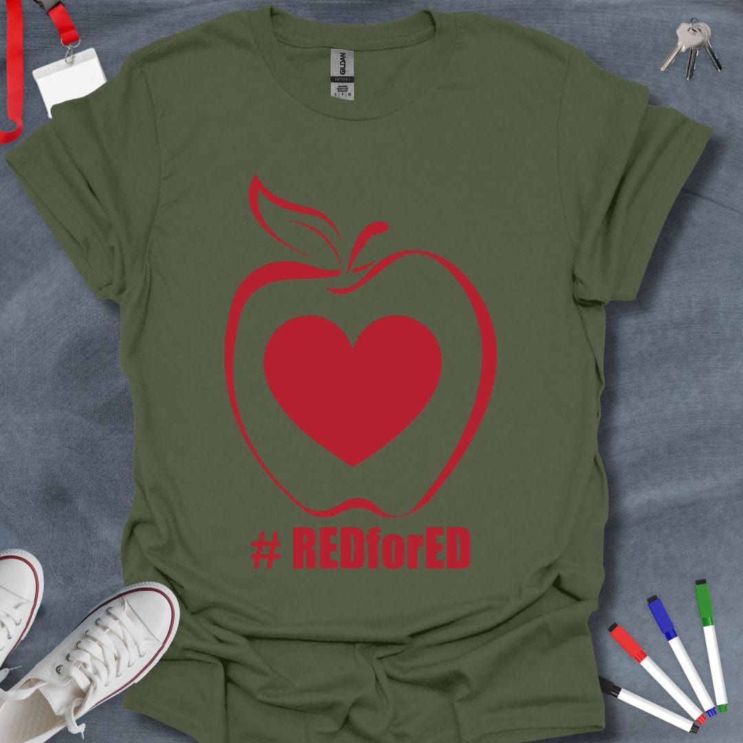 Teacher T-Shirt Military Green / S RED for ED Apple Heart T-Shirt