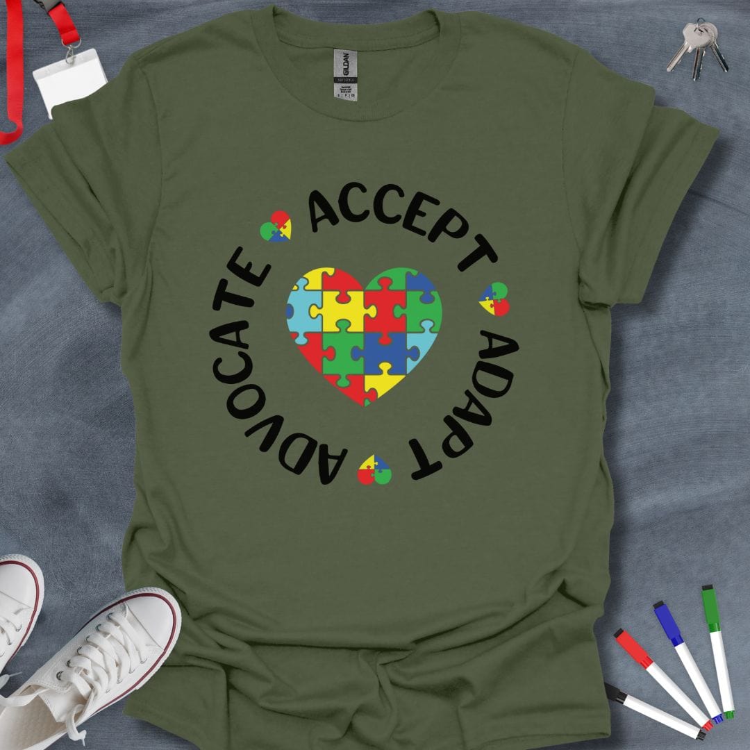 Teacher T-Shirt Military Green / S Puzzle Piece Hearts Teacher T-Shirt