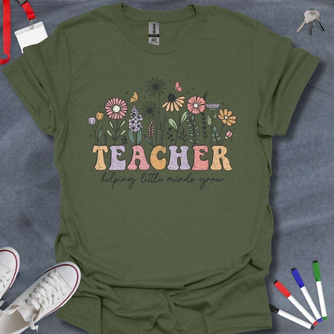 Teacher T-Shirt Military Green / S Teacher Helping Little Minds Grow Floral T-Shirt