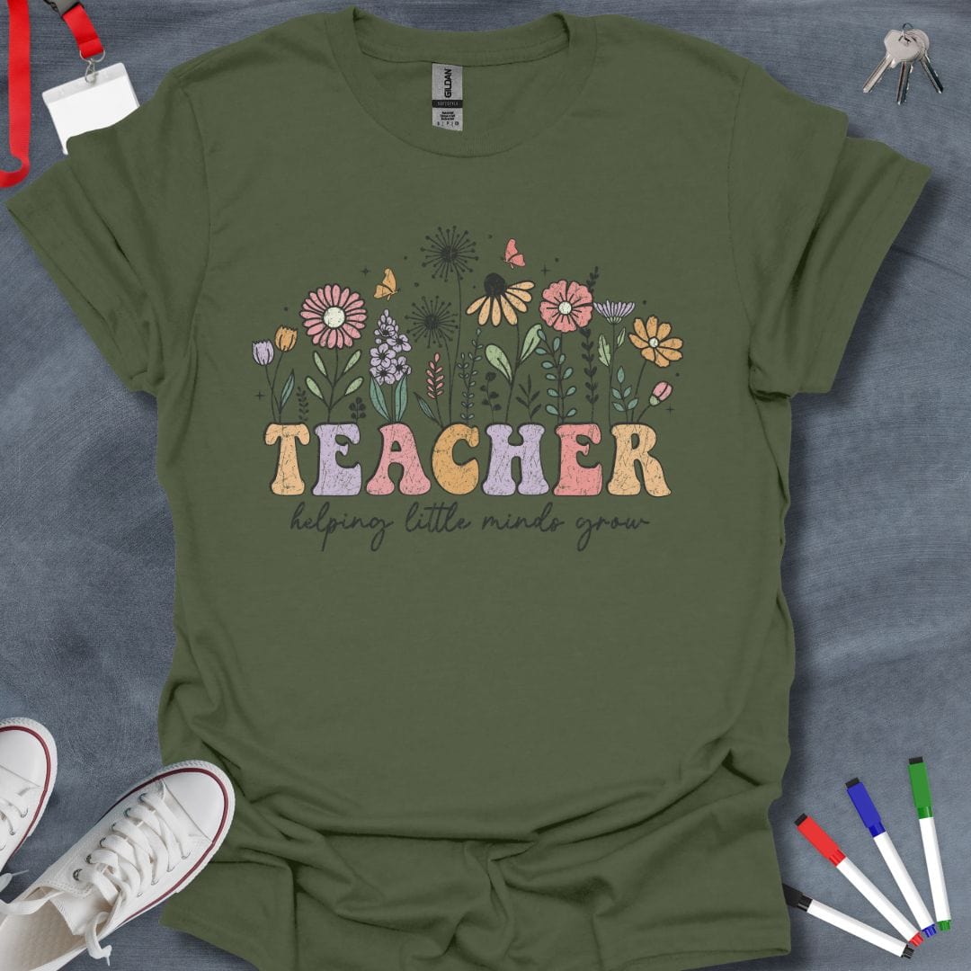 Teacher T-Shirt Military Green / S Teacher Helping Little Minds Grow Retro Floral T-Shirt