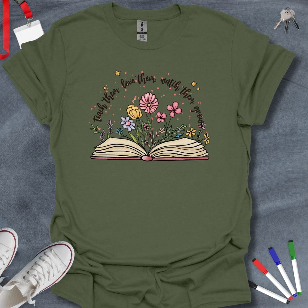 Teacher T-Shirt Military Green / S Teach, Love, Grow Floral Book T-Shirt