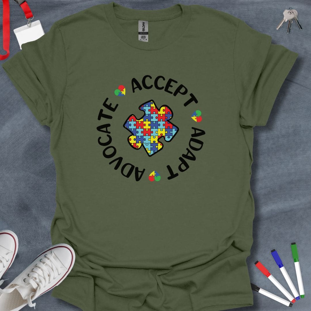 Teacher T-Shirt Military Green / S Autism Support Puzzle Heart T-Shirt