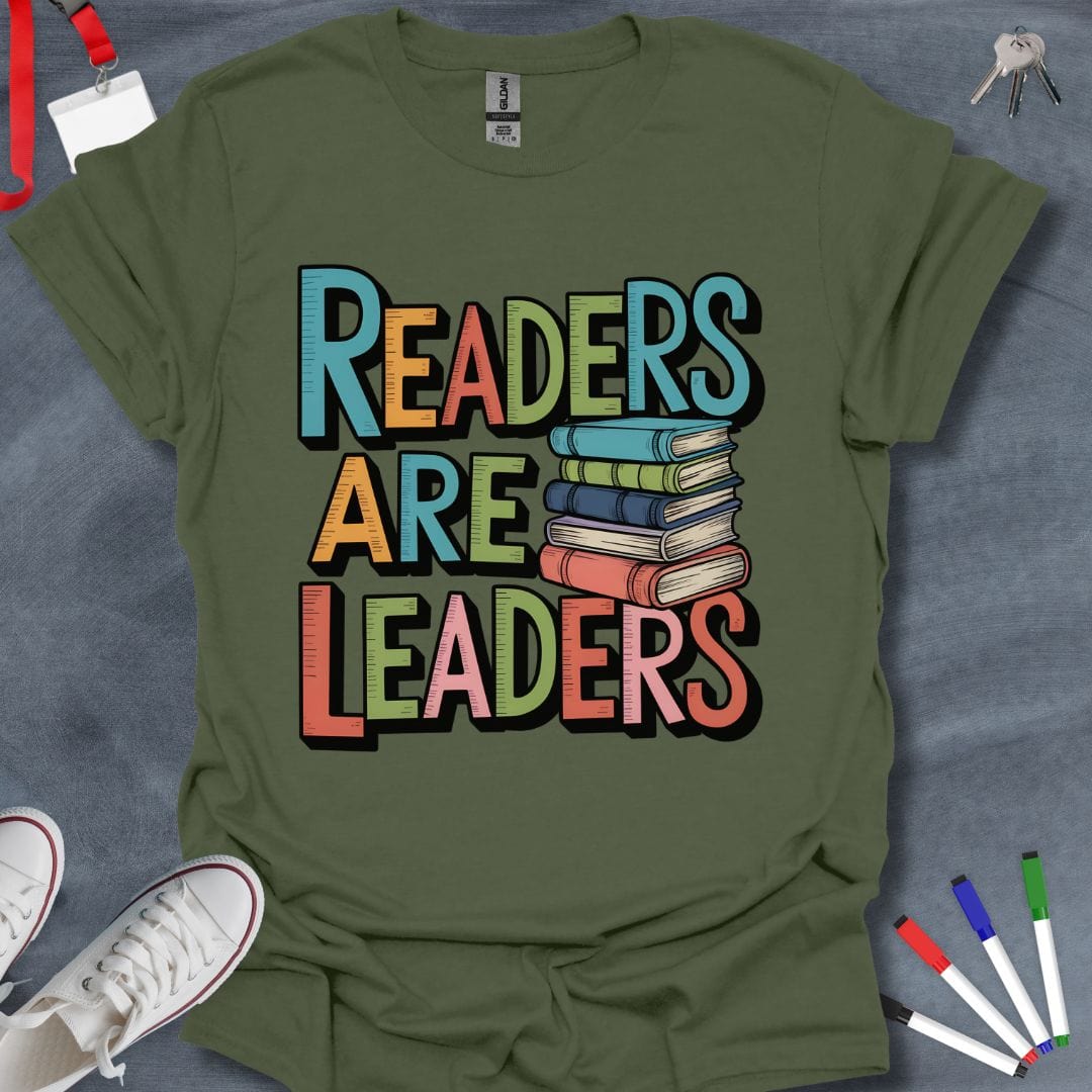 Teacher T-Shirt Military Green / S Readers Are Leaders Colorful Book Stack T-Shirt