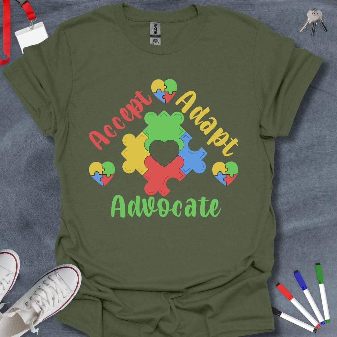 Teacher T-Shirt Military Green / S Accept Adapt Advocate Puzzle Heart T-Shirt