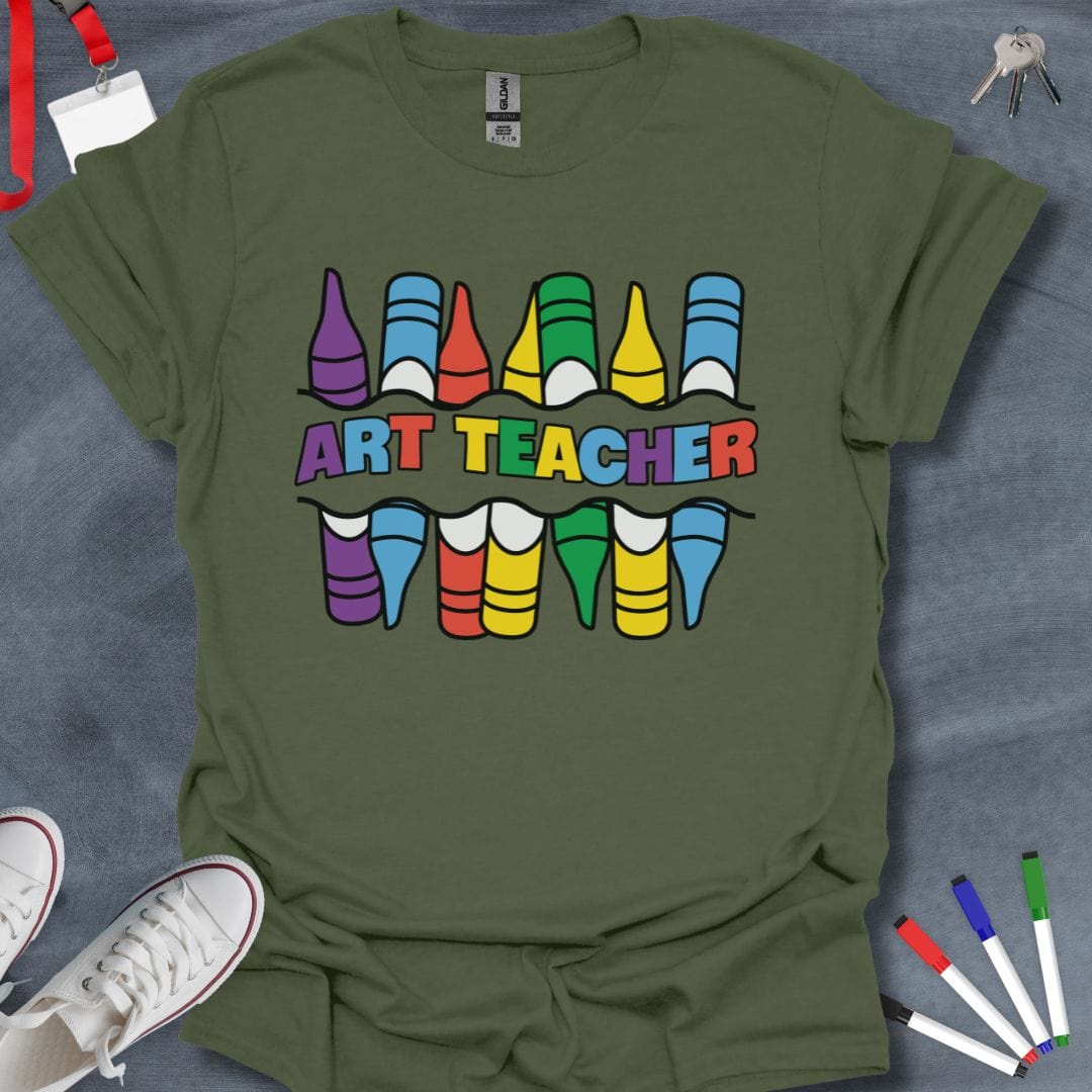 Teacher T-Shirt Military Green / S Colorful Crayon Art Teacher T-Shirt