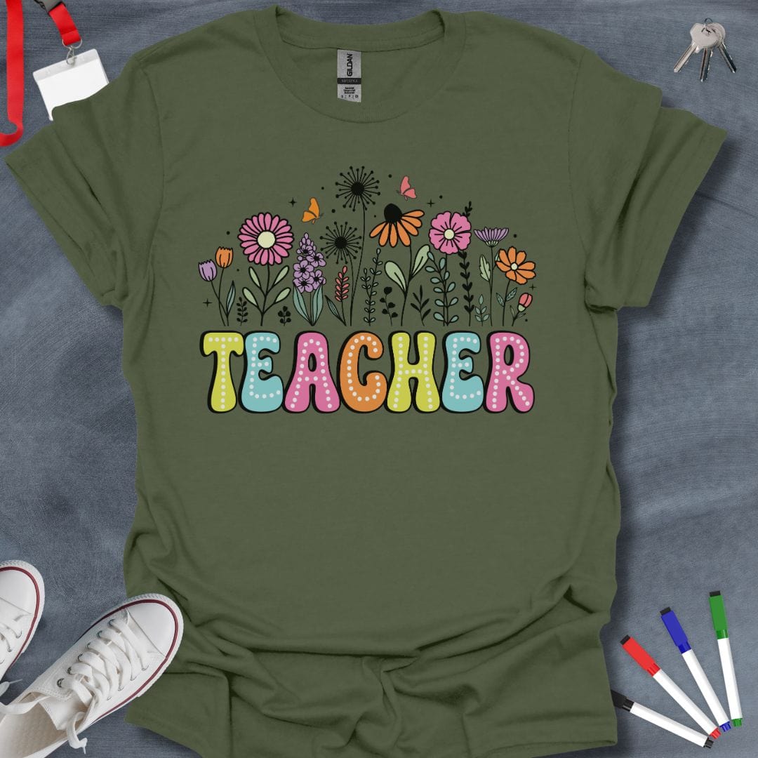 Teacher T-Shirt Military Green / S Teacher Floral Dots Retro T-Shirt