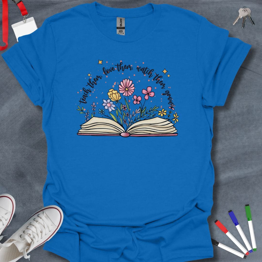 Teacher T-Shirt Royal / S Teach, Love, Grow Floral Book T-Shirt