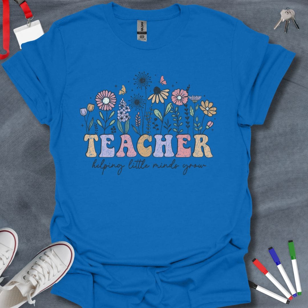 Teacher T-Shirt Royal / S Teacher Helping Little Minds Grow Retro Floral T-Shirt