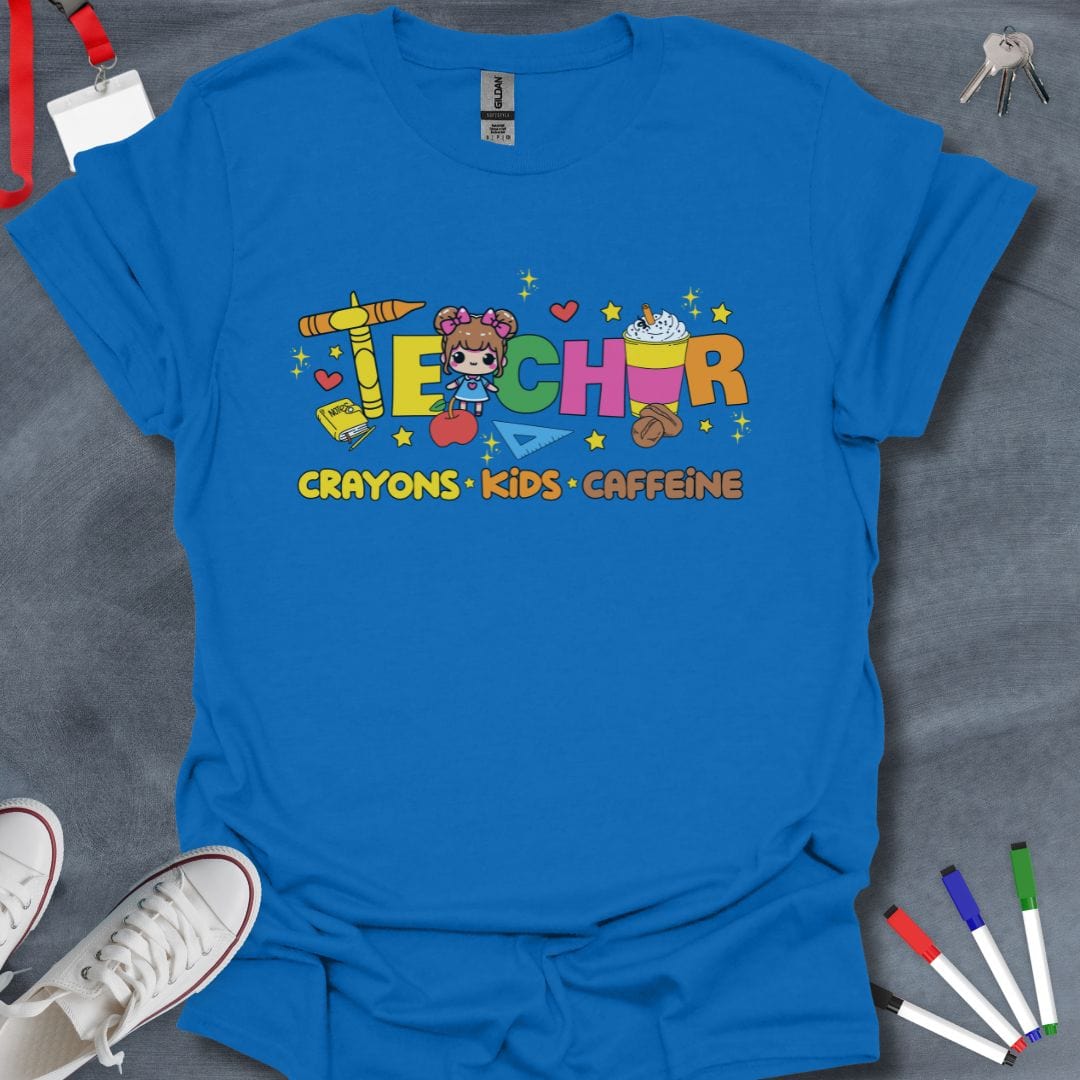 Teacher T-Shirt Royal / S Teacher Crayons Kids Caffeine T-Shirt