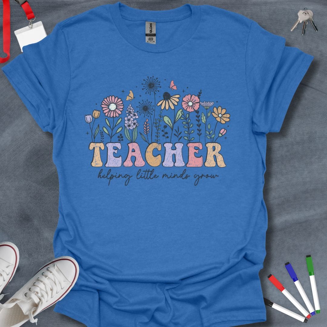 Teacher T-Shirt Heather Royal / S Teacher Helping Little Minds Grow Retro Floral T-Shirt