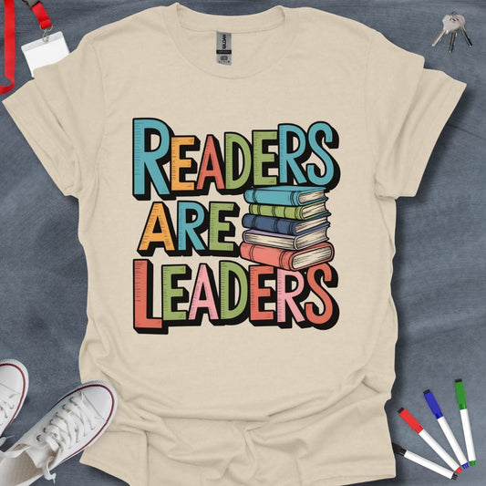 Teacher T-Shirt Natural / S Readers Are Leaders Colorful Book Stack T-Shirt