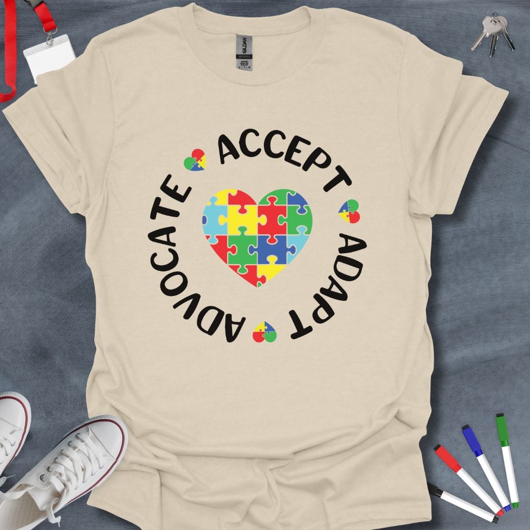 Teacher T-Shirt Natural / S Puzzle Piece Hearts Teacher T-Shirt